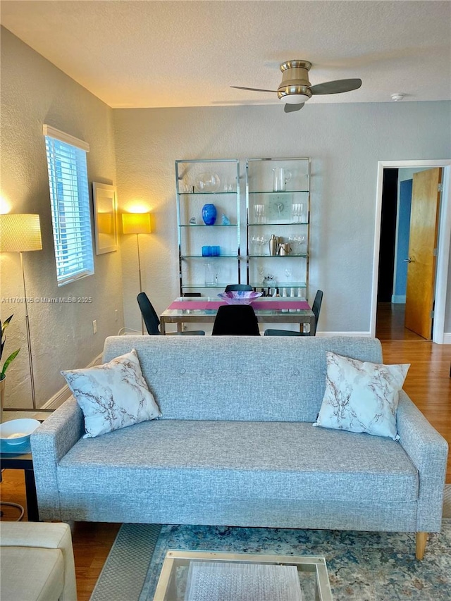 living room with ceiling fan and hardwood / wood-style flooring