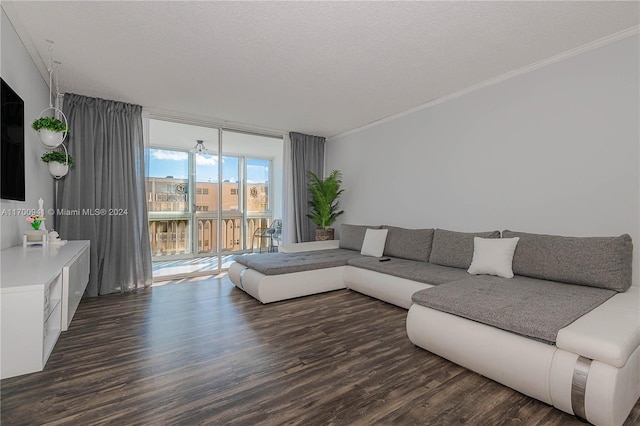 living room featuring a textured ceiling, dark hardwood / wood-style floors, and crown molding