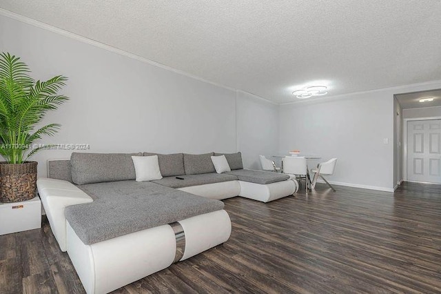 living room featuring crown molding, dark wood-type flooring, and a textured ceiling