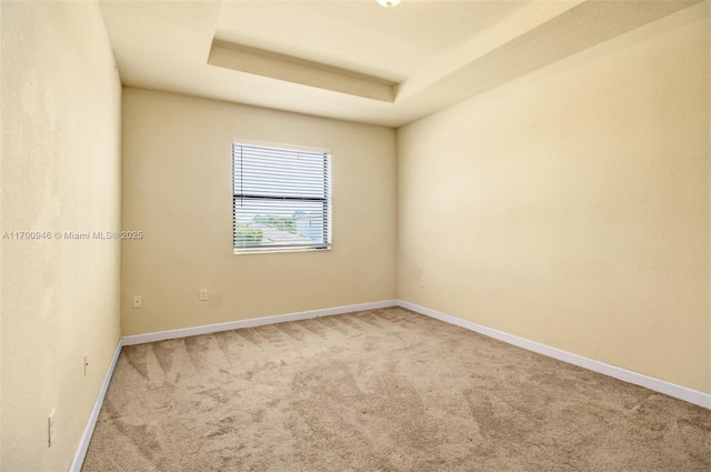 unfurnished room with a raised ceiling and carpet floors