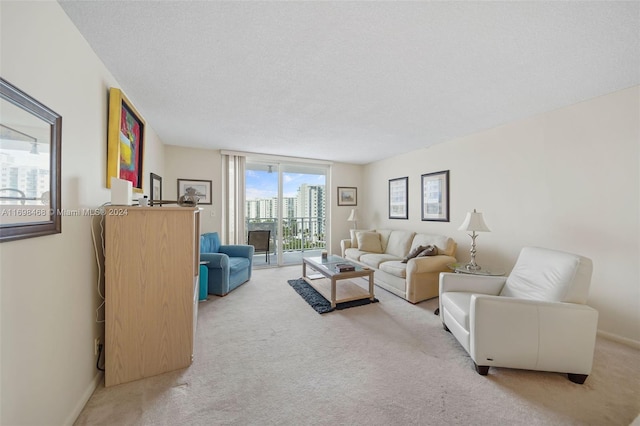 living room with a textured ceiling and light carpet