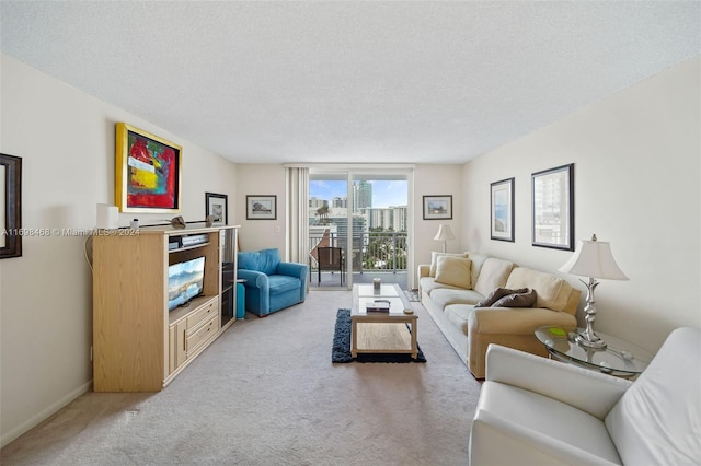 living room featuring light carpet and a textured ceiling