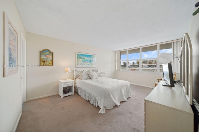 carpeted bedroom with a textured ceiling