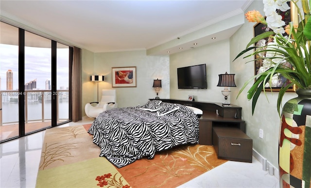 bedroom featuring access to exterior, a wall of windows, and ornamental molding