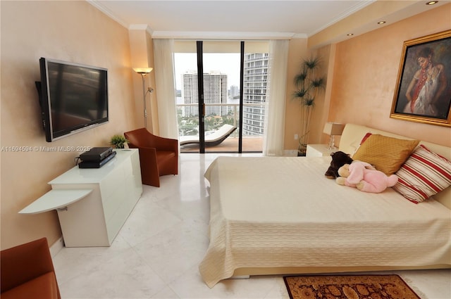 bedroom with crown molding, a wall of windows, and access to outside