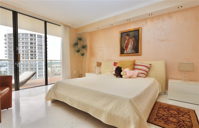 bedroom with access to exterior, ornamental molding, and floor to ceiling windows