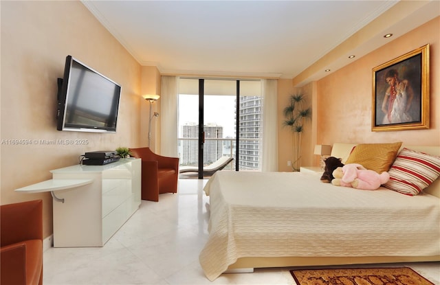 bedroom featuring crown molding, a wall of windows, and access to outside