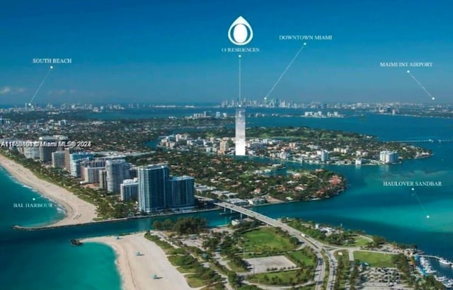 bird's eye view with a water view and a view of the beach