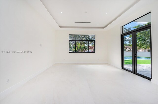 empty room featuring french doors, carpet floors, a raised ceiling, and a wealth of natural light