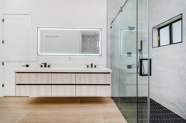 bathroom featuring separate shower and tub, plenty of natural light, and vanity