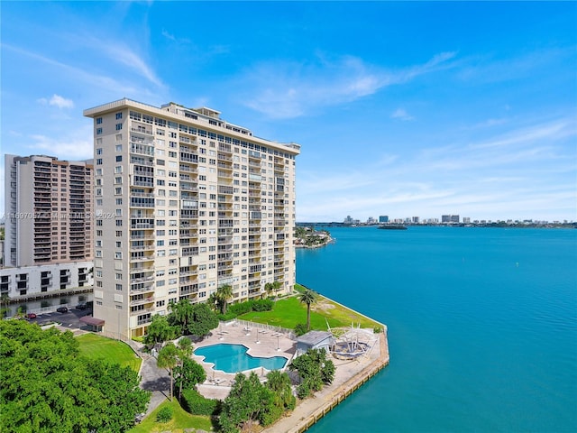 exterior space with a water view