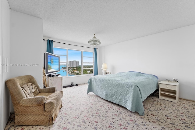 carpeted bedroom with a textured ceiling