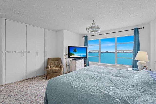 carpeted bedroom with a textured ceiling