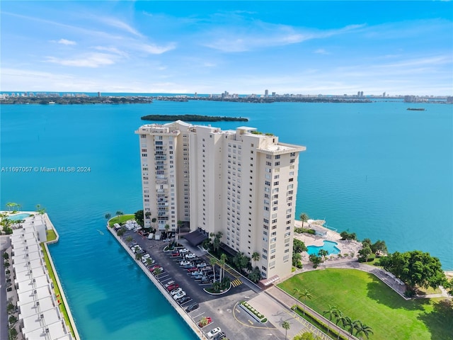 drone / aerial view featuring a water view