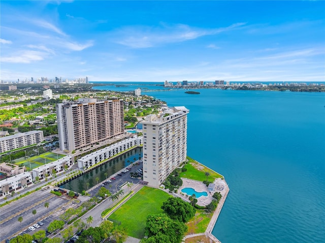 aerial view featuring a water view