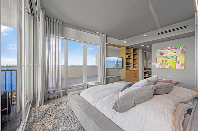 bedroom with multiple windows and a water view