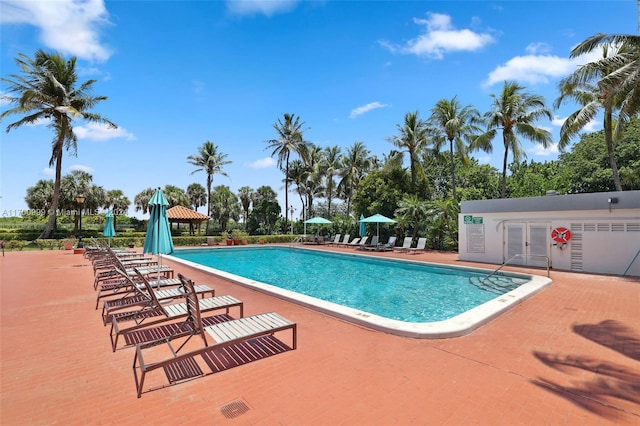 view of swimming pool with a patio area