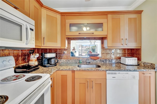 kitchen featuring light brown cabinets, white appliances, sink, ornamental molding, and tasteful backsplash