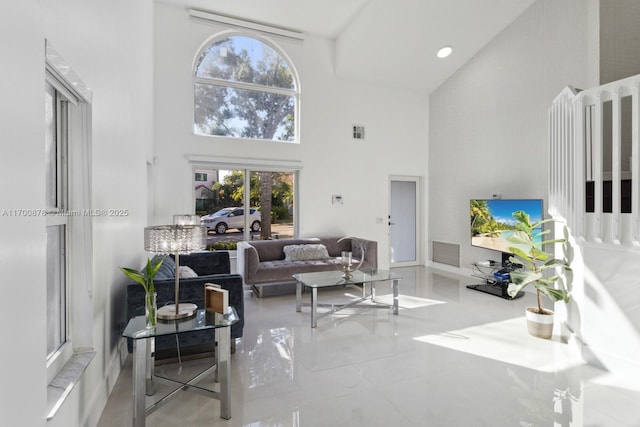 living room featuring a high ceiling