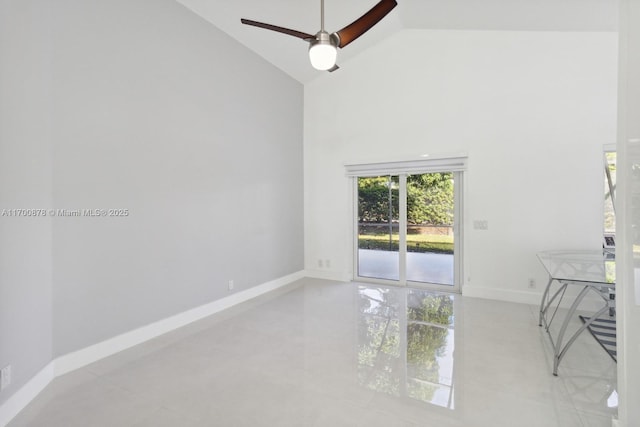 unfurnished room featuring high vaulted ceiling and ceiling fan