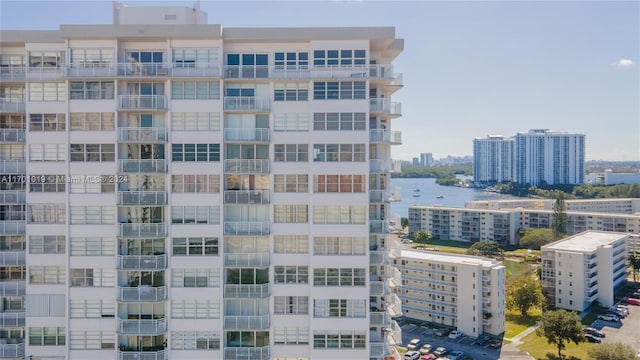 view of building exterior with a water view