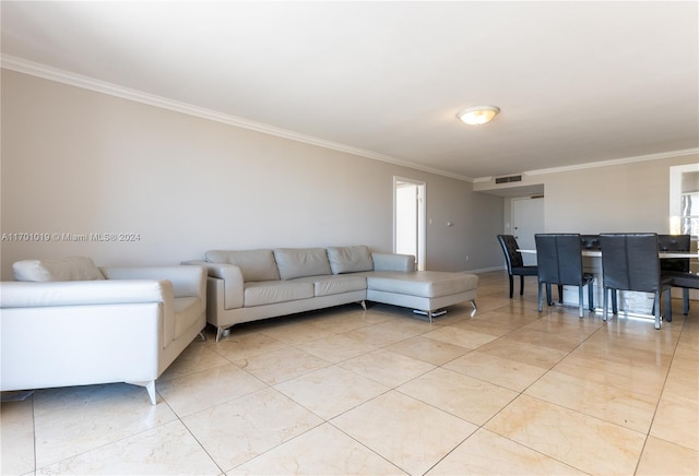 living room with crown molding and a wealth of natural light