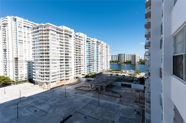 view of building exterior with a water view