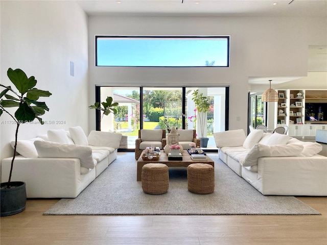 living area featuring a towering ceiling and wood finished floors