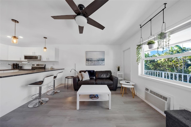 15610 NE 6th Ave Unit 33D, Miami, FL 33162 - living area featuring a wall mounted air conditioner, a ceiling fan, and baseboards