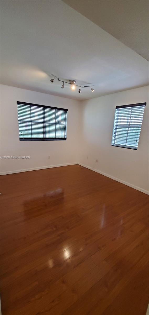 empty room featuring plenty of natural light, wood-type flooring, and track lighting