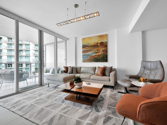 living room with a wall of windows and wood finished floors