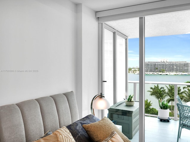 sitting room with a healthy amount of sunlight, a water view, and floor to ceiling windows