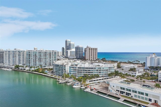 drone / aerial view featuring a water view and a city view