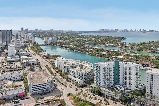 aerial view with a water view and a view of city