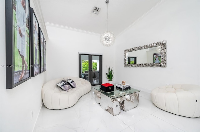 living room featuring french doors and crown molding