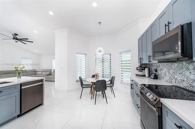 9701 SW 56th Ter, Miami, FL 33173 - kitchen with appliances with stainless steel finishes, plenty of natural light, backsplash, ceiling fan, and recessed lighting