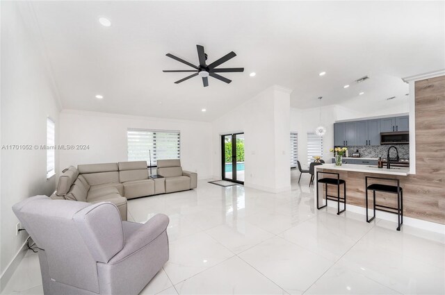 9701 SW 56th Ter, Miami, FL 33173 - living area with lofted ceiling, a ceiling fan, light tile patterned floors, baseboards, and recessed lighting