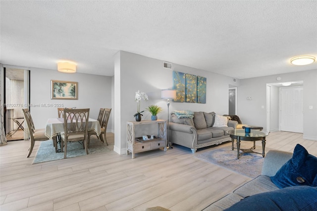 living room featuring a textured ceiling and light hardwood / wood-style floors