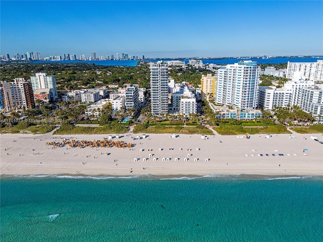 aerial view with a water view and a view of the beach