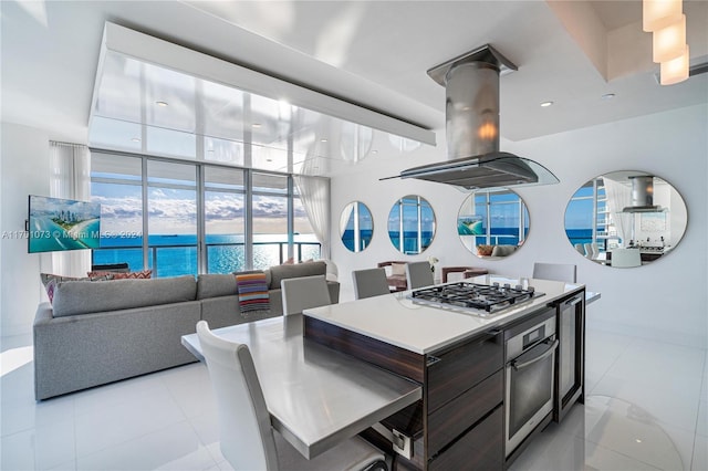 kitchen featuring island exhaust hood, dark brown cabinetry, stainless steel appliances, and a kitchen island