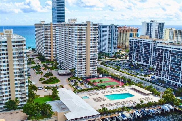 birds eye view of property featuring a water view