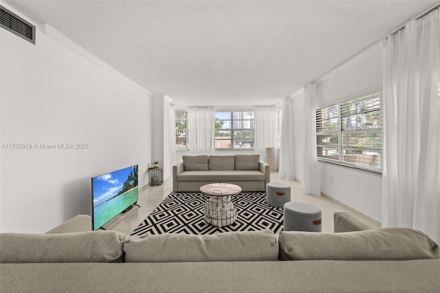 living room with crown molding and a textured ceiling