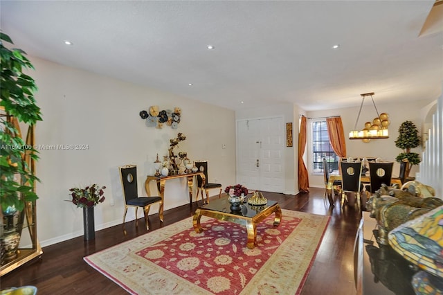 living room featuring dark wood-type flooring