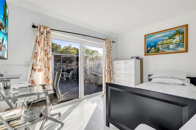 tiled bedroom featuring ornamental molding