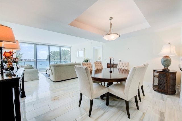 dining space with a raised ceiling and a water view