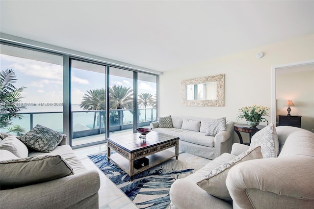 tiled living room with expansive windows