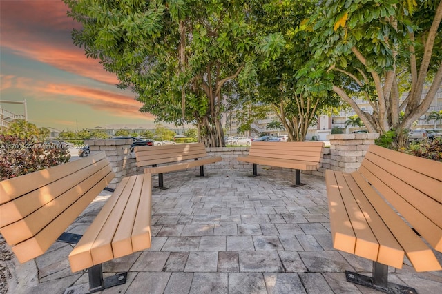 view of patio terrace at dusk