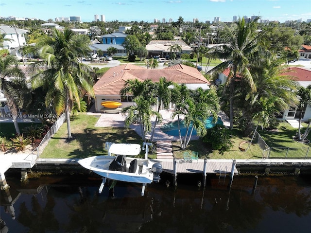 aerial view featuring a water view