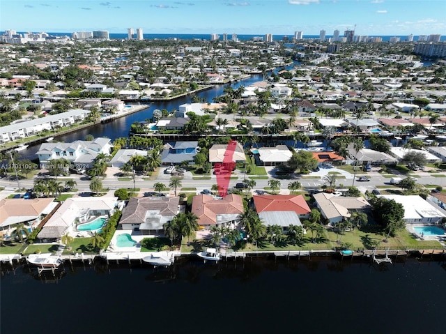 drone / aerial view featuring a water view