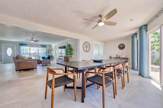 dining space featuring a textured ceiling, plenty of natural light, and ceiling fan